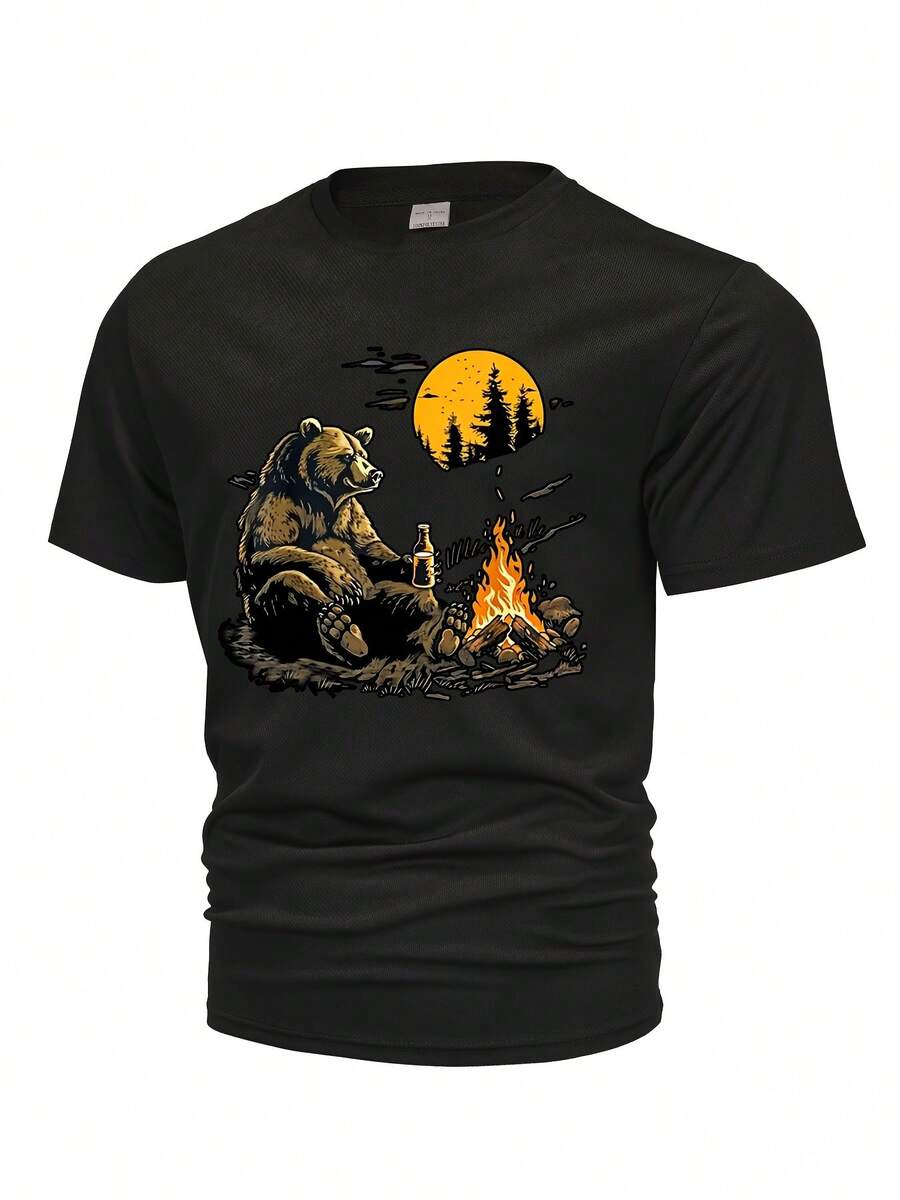 Men's T-Shirt With Bear And Campfire Graphic - 100% Breathable Polyester, Lightweight For Summer, Regular Fit And Crew Neck, Casual Clothing For Outdoor Enthusiasts - 黑色 - 查看 1