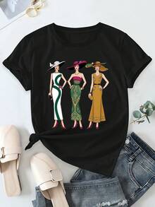 3 Women's Short Sleeve Printed T-Shirts, High Quality Fabric, New Summer Style, Machine Washable 80957 - 黑色 - 查看 9