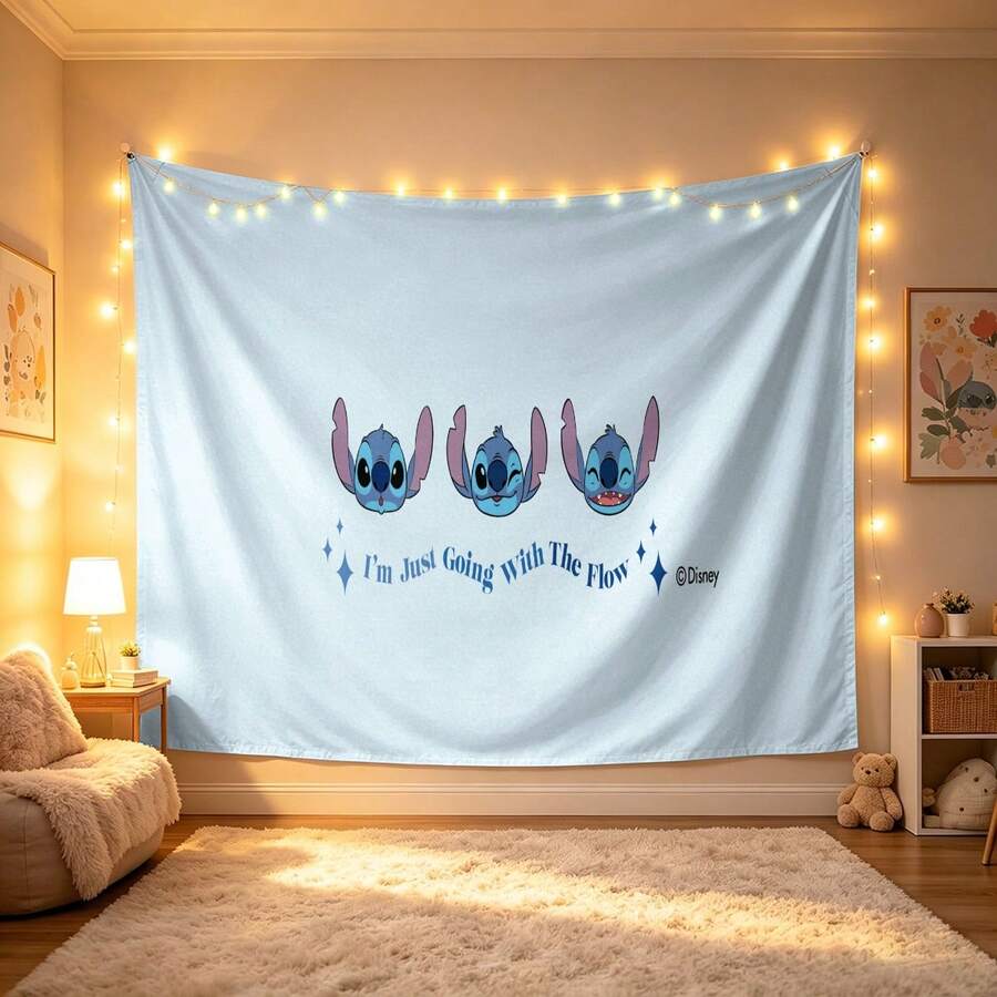 Disney Lilo & Stitch Chill Vibe Aesthetic Tapestry, Cute Light Blue Wall Hanging, Soft Fabric Backdrop For Bedroom, Party & Photography - 0 - View 1
