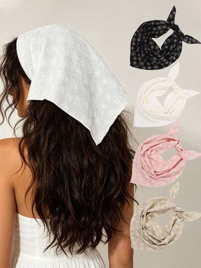 1pc/4pcs Street Elegant Fashion Beach Solid Color & Asymmetrical Floral Print Bandana