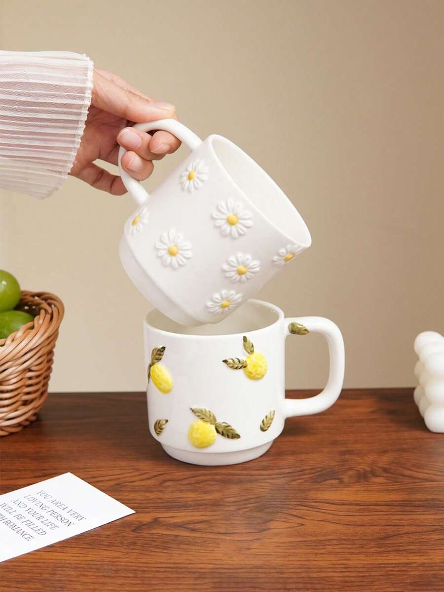 1pc 350ml Cherry-Patterned Ceramic Coffee Cup With Relief Design; Hand-Painted Daisy And Lemon Mug; Exquisitely Designed And Stylish; Ideal For Home Decor And Everyday Use; Perfect For Latte Art In Restaurants And Cafes; Excellent Gift Choice;