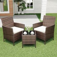 Juego de Muebles de Patio de 3 Piezas, Muebles de Ratán para Exteriores con 2 Sillas Acolchadas y Mesa de Centro, Conjunto de Bistro para Jardín, Patio Trasero, Porche - Cojín marrón y beige - Ver 1