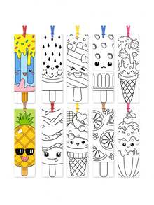 31张DIY冰淇淋图案涂色纸质书签 - 包括30张空白书签和1条2米长的丝带，空白书签套装，配缎带，纸质材质，适合夏季海滩派对、返校派对、生日派对、新年派对装饰和礼物。 - 冰淇淋款 - 查看 7