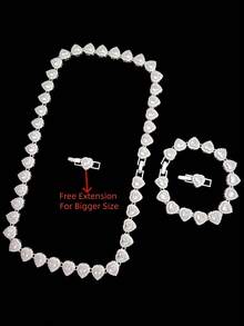 1 pieza Collar con colgante en forma de corazón de circonita cúbica de 10mm y 1 pieza Pulsera ajustable con colgante en forma de corazón de circonita cúbica, Conjunto de joyas de corazón de estilo Hip Hop para mujer, Adecuado para uso diario o fiestas, Regalo del Día de San Valentín - Plateado - Ver 2
