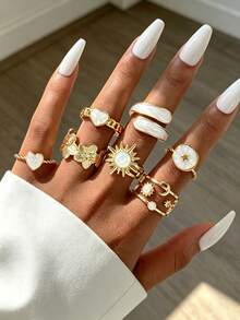 7pcs/Set Fashionable Minimalist Elegant Vintage Geometric Flower Moon Star Sun Heart Multi- Metal Rings, Suitable For Holiday, Party, Date, Daily Wear Unique - Yellow Gold - View 1