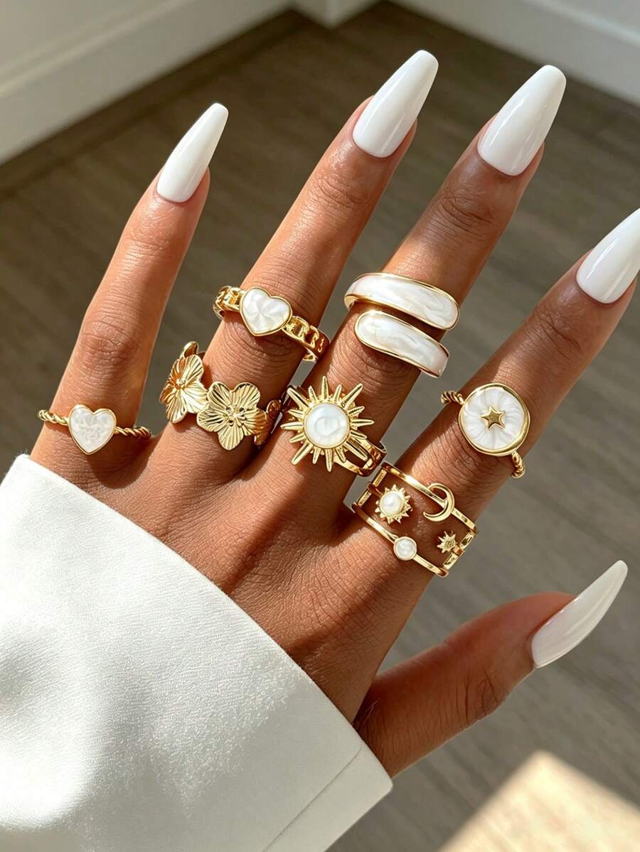 7pcs/Set Fashionable Minimalist Elegant Vintage Geometric Flower Moon Star Sun Heart Multi- Metal Rings, Suitable For Holiday, Party, Date, Daily Wear Unique - Yellow Gold - View 1
