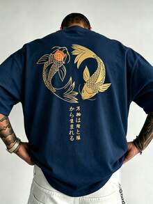 男士大尺碼海軍藍日式錦鯉印花街頭風休閒T恤 - 藏蓝色 - 查看 2