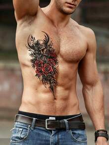 5 piezas de tatuajes temporales grandes, pegatinas para el Body con patrones de rosa roja, héroe y belleza, tatuajes falsos unisex para muslo, brazo, pierna y pecho - Navideño - Ver 5