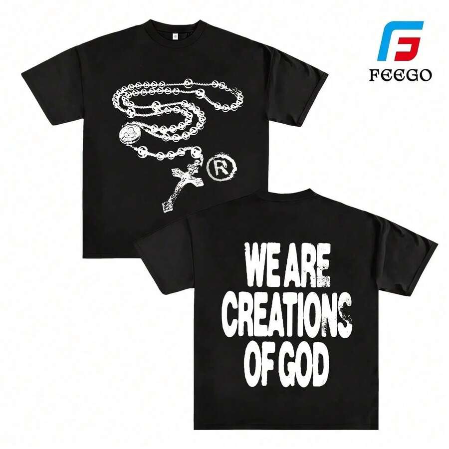 Y2K Urban Style T-Shirt With Religious Theme And The Slogan 'We Are God's Creations' (220g Cotton T-Shirt) Printed T-Shirts, Cotton T-Shirt, Unisex T-Shirts, White Graphic Design - 黑色 - 查看 1