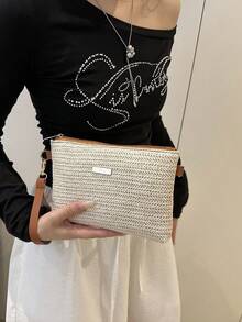 Geantă de mână pentru femei din paie țesute, nouă, de primăvară/vară, geantă versatilă de umăr/crossbody, geantă pătrată mică unică - Bej - Vizualizare 6