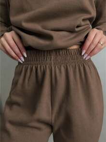 Women's Fleece Tracksuit Set: Long-Sleeved Sweatshirt And Comfortable Cotton Jogger Pants - 鏽棕色 - 查看 4