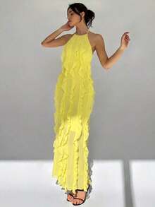 Vestido elegante sin espalda con volantes y capas, estilo de diosa grácil, adecuado para vacaciones, primavera/verano - Amarillo - Ver 6