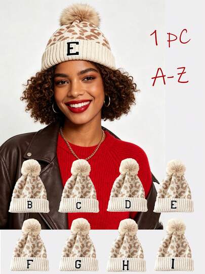 1 chiếc mũ len beanie nữ họa tiết da báo chữ A-Z thời trang, mũ len dệt dày lông xù phong cách casual cho mùa thu đông