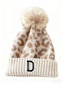 1 chiếc mũ len beanie nữ họa tiết da báo chữ A-Z thời trang, mũ len dệt dày lông xù phong cách casual cho mùa thu đông - Nhiều màu - Xem 24