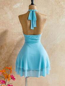 Vestido con cuello de halter con empalmado de encaje, estampado floral y de cebra para mujer - Azul - Ver 2