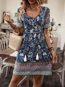Vestido de verano casual y de vacaciones con estampado floral y manga corta para mujer - Azul marino - Ver 4