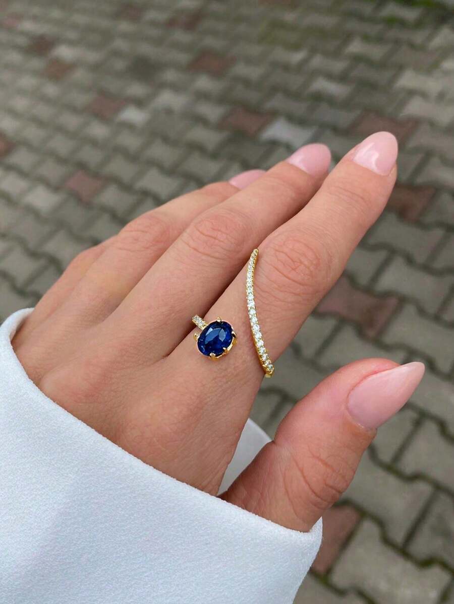 1枚优雅立方氧化锆戒指,适合女性佩戴,适合婚礼、订婚、周年纪念、派对、情人节礼物、送给妈妈的礼物、母亲节礼物。 - 金黃色+藍色 - 查看 1
