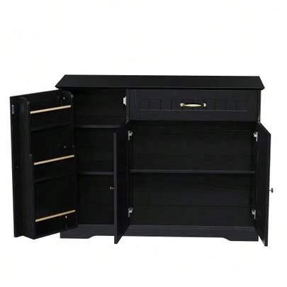 Modern And Elegant 3-Door, 1-Drawer Sideboard With Sliding Shelves, Ideal For The Dining Room, Living Room And Kitchen (Black).