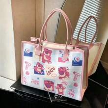 Miniso Toy Story Lotso Tote Bag - Cute Grid Print Canvas Shoulder Bag, Large Capacity Handbag For Work, School, Travel & Shopping - White - View 4