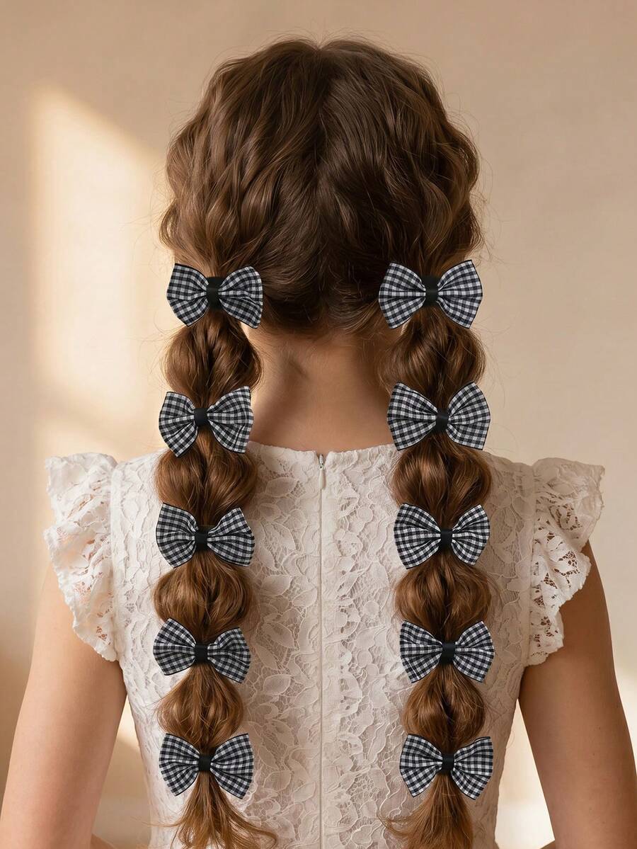 10pcs/Set Girls Plaid Bow Hair Bands Hair Accessories Set, Suitable For Daily Decoration - Black - View 1
