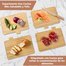 Juego de 4 Piezas Tablas para Picar de Bambú Tabla de Cortar de Cocina con Soporte Con Iconos de Comida Prevenir la Contaminación Cruzada de Diferentes Artículos Para Carne Pan Verduras Fruta - Marrn Natural - Ver 6