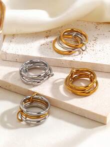 1pc Stainless Steel Minimalist Dual-Tone Multi-Layer Round Ring, Suitable For Women's Daily, Party Wear - Multicolor - View 4
