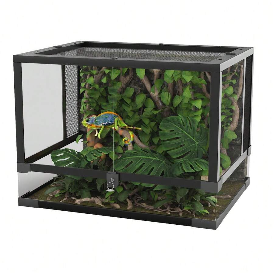 Terrario de cristal para reptiles: puertas delanteras con cerradura, ventilación superior y lateral, fácil de montar y limpiar. Perfecto para lagartos, serpientes, caracoles, tarántulas e insectos. - Azul Marino - Ver 1
