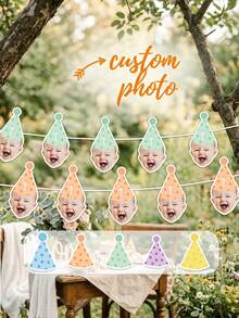 6/12/18pcs Customized Baby Photo First Year Banner, Monthly Milestone Banner, Macaron Color/Polka Dot/Striped Party Hat Design, 1st Birthday Photo Banner, Personalized Milestone Hanging Decor, Happy Birthday Photo Banner, Baby Growth Keepsake - Multicolor - View 2
