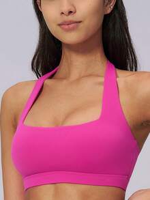 NcmRyu 1pc Women's Solid Color Halter Neck Backless Sports Camisole With Removable Pads - Hot Pink - View 6