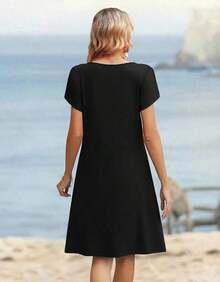 ,Flower Dress Women,2026 Women's Summer Casual Floral V-Neck A-Line T-Shirt Mini Dress Short Sleeve With Pockets Beach Sundress,Casual Summer Dress, S - 黑色 - 查看 5