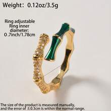 1pc Vintage Luxury 18K Gold Plated Deep Green Zirconia Inlaid Double-Layer Criss-Cross Bamboo Node Adjustable Ring, Suitable For Daily, Party, Wedding, Vacation Wear, Exquisite Gift - Dark Green - View 8