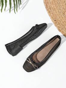 Square Toe Mary Jane Mesh Slip-On Flat Shoes, Sexy Yet Comfortable, Breathable For Summer - Black - View 4
