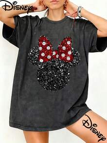 Disney Minnie Mouse Glitter Polka Dot Bow Silhouette Graphic Washed Unisex TShirt, 100% Cotton Oversized Vintage Short Sleeve Tee, Bling Cute Disney Themed Casual Top - màu đen - Xem 1