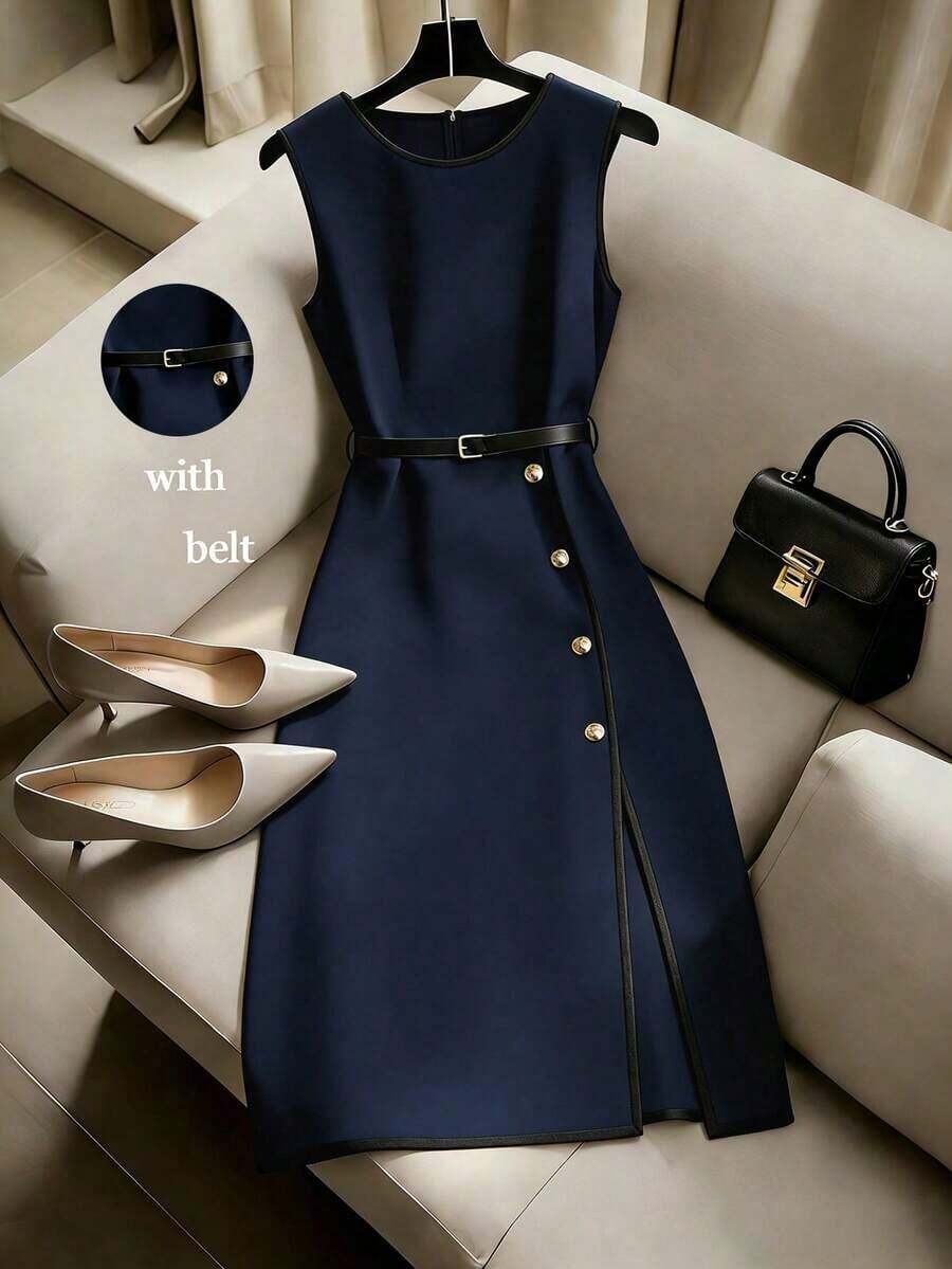 Vestido sin mangas de color albaricoque con cuello redondo, cinturón en la cintura y ribete negro, de estilo minimalista y versátil para uso casual y de oficina, para primavera/verano - Azul marino - Ver 1