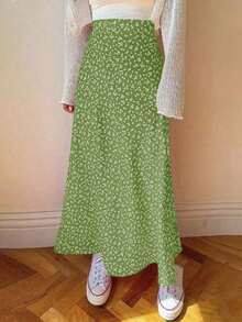 de gasa con cintura alta y línea A con estampado floral diminuto para mujer, atuendo casual para exteriores y vacaciones - verde menta - Ver 10