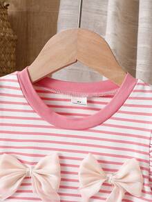 夏季新款女童条纹短袖上衣和粉色短裤两件套，可爱风格，亲肤透气面料，适合日常穿着、户外玩耍、亲子野餐等场合。 - 粉色 - 查看 3