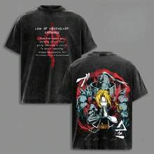 Camiseta Oversize Vintage Lavada de Edward & Alphonse de Fullmetal Alchemist, Camiseta de Algodón Grueso con Doble Estampado de Anime, Top Gráfico de Manga Streetwear para Fans de Otaku, Entusiastas del Anime, Mercancía de Anime 69TB - Negro - Ver 5