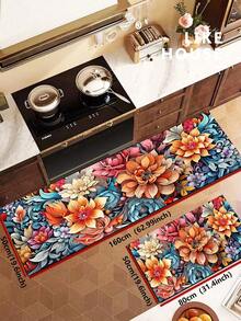 1pc Floral Pattern Non-Slip Oil-Proof Kitchen Mat, Simple Rectangular Waterproof Stain-Resistant Rug, Suitable For Living Room, Bedroom, Hallway, Bathroom And Laundry Room, Polyester Fiber Carpet For Indoor And Outdoor Home Decor - Multicolor - View 15