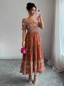 MEXElenzga Vestido casual/de trabajo de manga corta con cuello cuadrado y cintura ceñida en línea A con estampado para mujerMEX KDNZ - Marrón - Ver 1