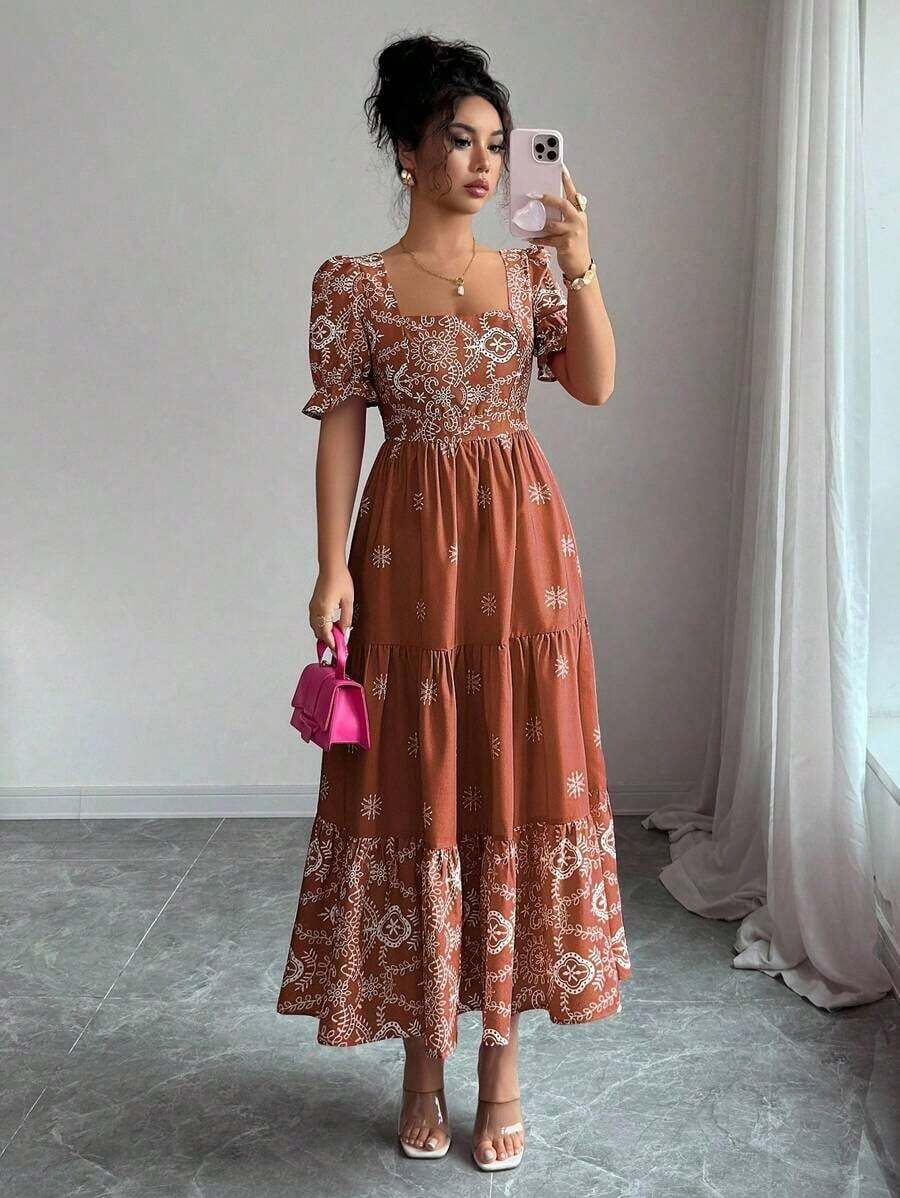 MEXElenzga Vestido casual/de trabajo de manga corta con cuello cuadrado y cintura ceñida en línea A con estampado para mujerMEX KDNZ - Marrón - Ver 1