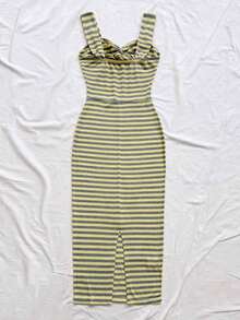 MEXSoleia Vestido midi de verano con estampado de rayas de contraste y abertura, estilo bohemio para mujerMEX KCSS - Amarillo - Ver 2