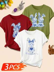 Women's 3-Piece Short-Sleeve T-Shirt Set With A Blue And White Porcelain Heart And Rabbit Print, Retro Style, Round Neck, Comfortable, Fashionable For Spring, Summer, And Fall 2026. Suitable For Everyday Wear, Casual Parties, And Elegant Women's Clothing. Simple, Loose, And Versatile Top. Sizes S-XXL. - 白色 - 查看 8