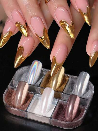 6 Colors Nail Powder Set Metallic Mirror Effect Nail Pigment Iridescent Dust Shiny Nail Glitter Powder Y2K Nail Magic Mirror Powder For UV Gel Polish Nail Art Manicure Decoration