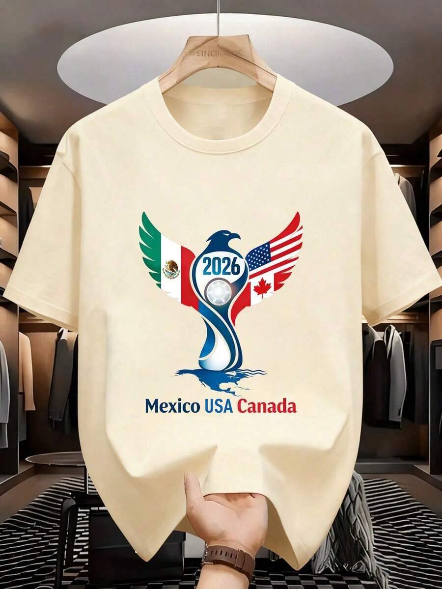 Women's Short-Sleeved, Crew-Neck T-Shirt With A Loose-Fitting Print Featuring An Eagle And The 2026 World Cup Ball, Inspired By The Flags. A Casual, Sporty Top, Perfect As A Basic Blouse For Everyday Outfits. A Versatile Garment In The Women's Clothing And Women's Activewear Categories. Suitable For Spring, Summer, And Autumn. - 杏色 - 查看 1