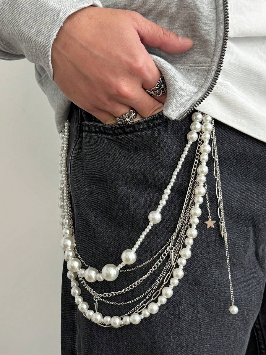 1pc Personalized Punk Style Star Rivet Tassel Pant Chain, Multi-Layer Faux Pearl Chain Body Chain, Versatile Accessory Suitable For Men's Daily Wear, Creative Boyfriend Birthday Gift - Star-studded Tassel Faux Pearl Trouser Chain - View 1