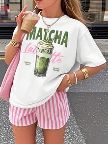 Women's T-Shirt Made Of Pure Cotton, Y2K Style, Personalized And Fashionable, Loose Fit And Short Sleeves, Stylish American Urban Style, Comfortable Round Neck For Casual Daily Wear, Breathable, Sweet And Fresh Style, For Matcha Lovers, Summer Clothes With Creative Print, Gift For Outdoor Sports. - 白色 - 查看 12