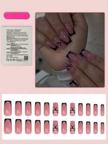 24 piezas de uñas postizas cuadradas de cobertura completa de color negro mate con decoración de lazo y cristales, adecuadas para mujeres y niñas - Multicolor - Ver 3