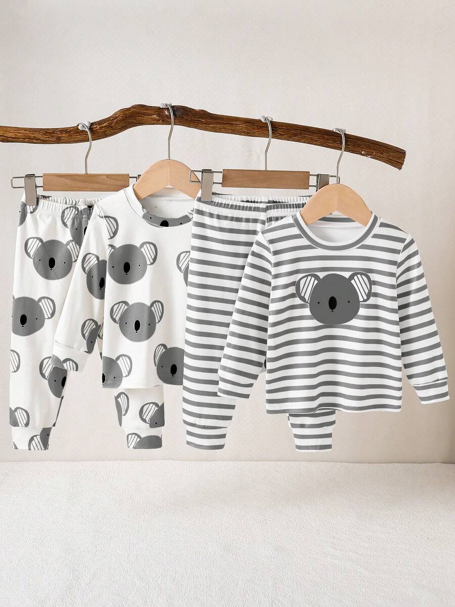 4pcs/Set Baby BoyLong Sleeve Top And Pants Pajama Set, Cute Animal & Stripe Pattern, Soft Comfortable Fabric, Suitable For Daily Wear - Dark Grey - View 1
