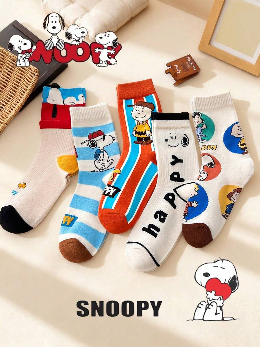 SNOOPY 5双装卡通图案舒适柔软运动袜,男女通用创意卡通设计,柔软舒适,四季皆宜 - 彩色 - 查看 1