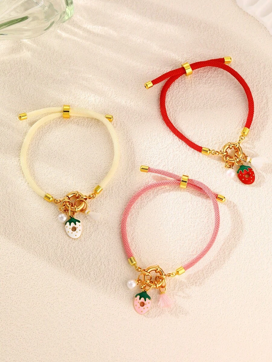 1pc/3pcs Girls Strawberry Pearl Pendant Bracelet Set, Suitable For Daily Decoration - Multicolor - View 1